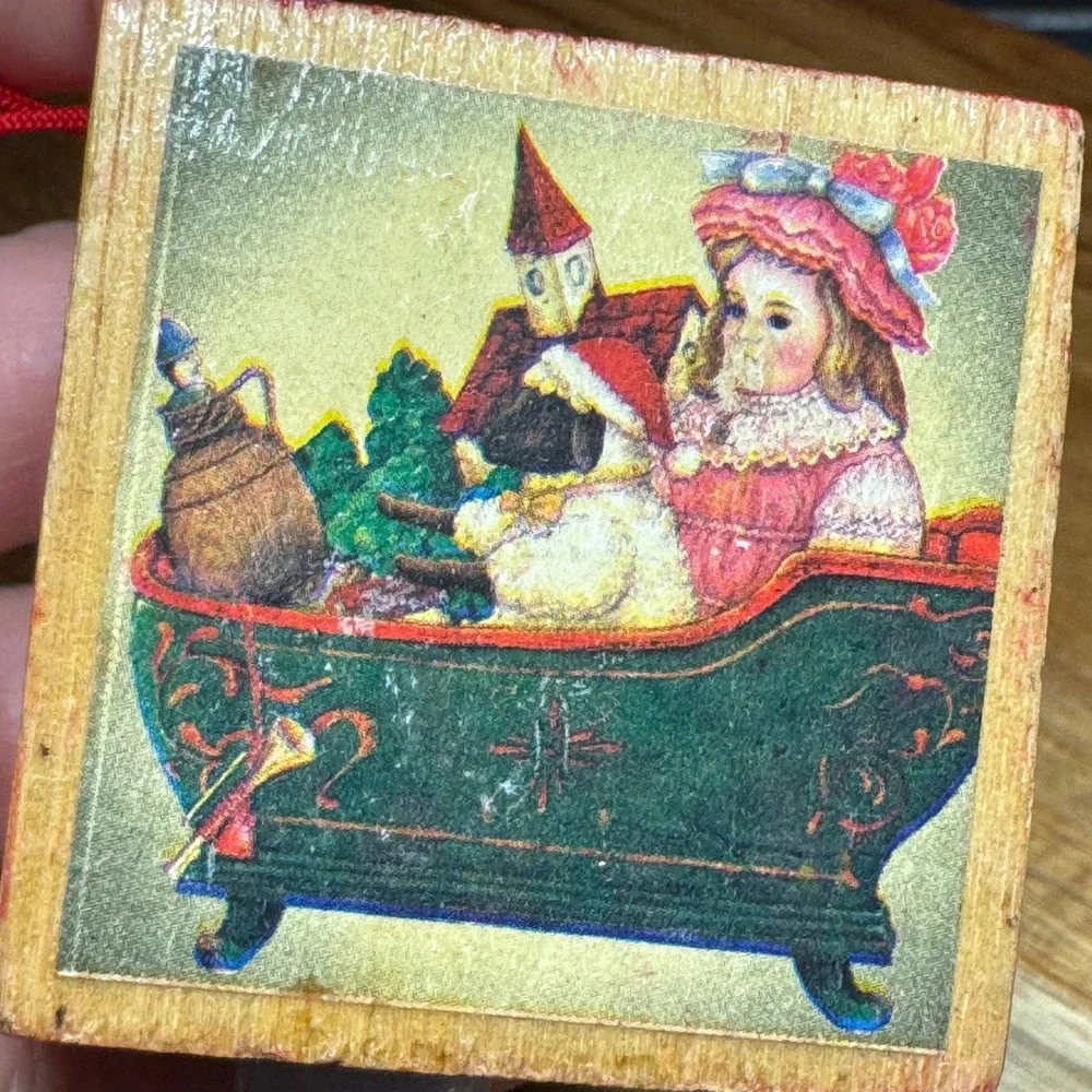Vintage Wooden Alphabet Block Christmas Ornament Victorian Style ABC Toy Sleigh